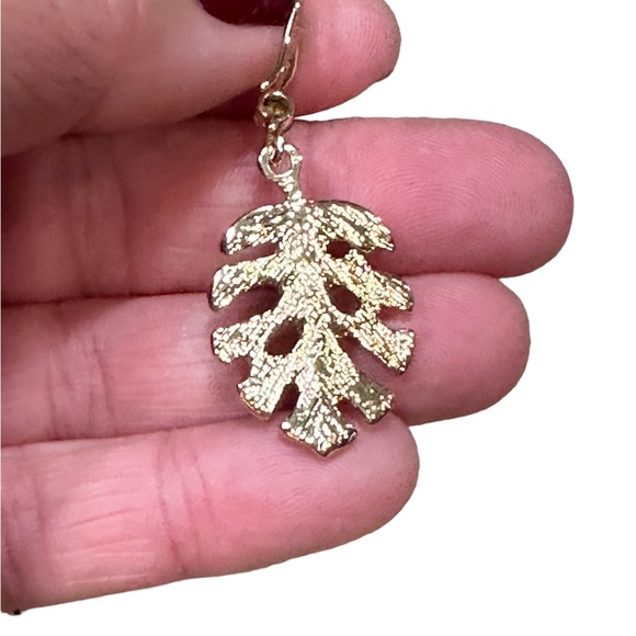 Gold and Green Monstera Leaf Drop Earrings - Picture 6 of 6